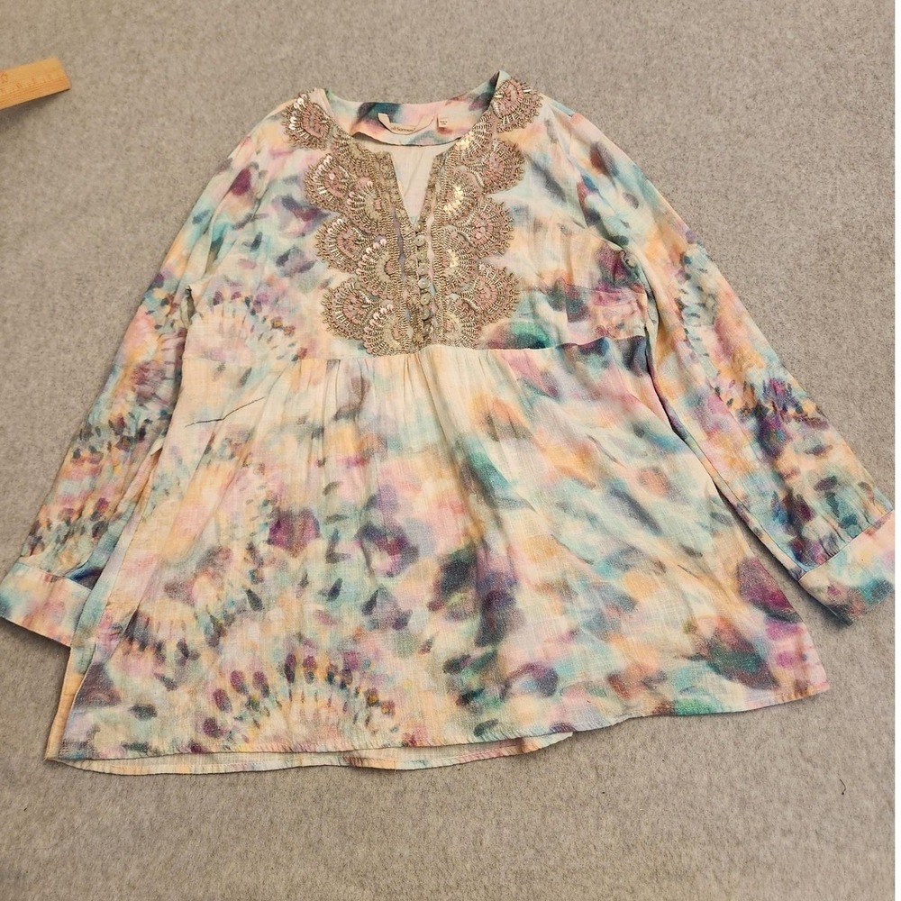 Soft Surroundings Blouse Womens Petite Medium Multi Embellished Tunic Boho